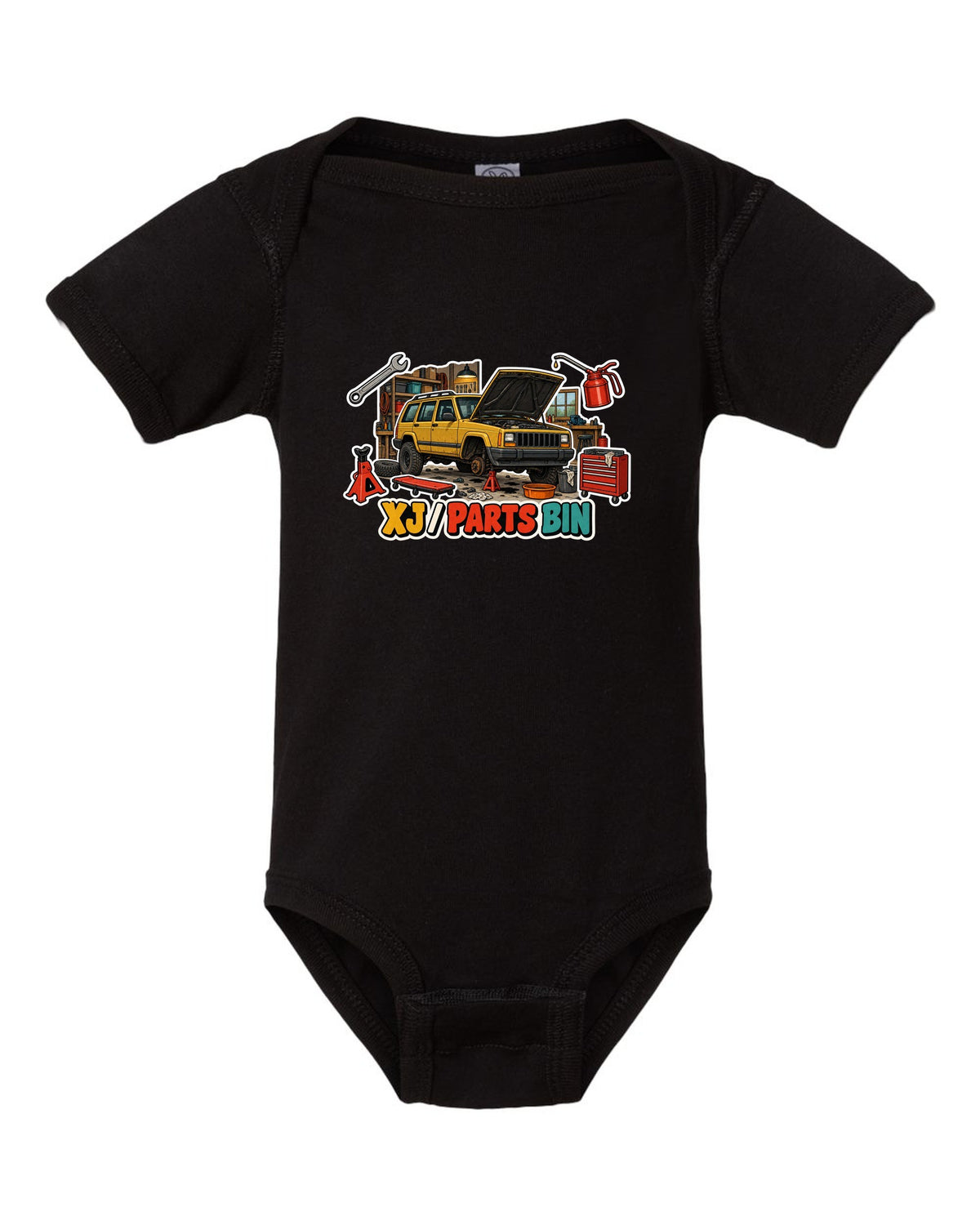 Sticker-bomb die-cut collage print around a Jeep Cherokee XJ labelled Parts Bin black baby onesie front view with the design