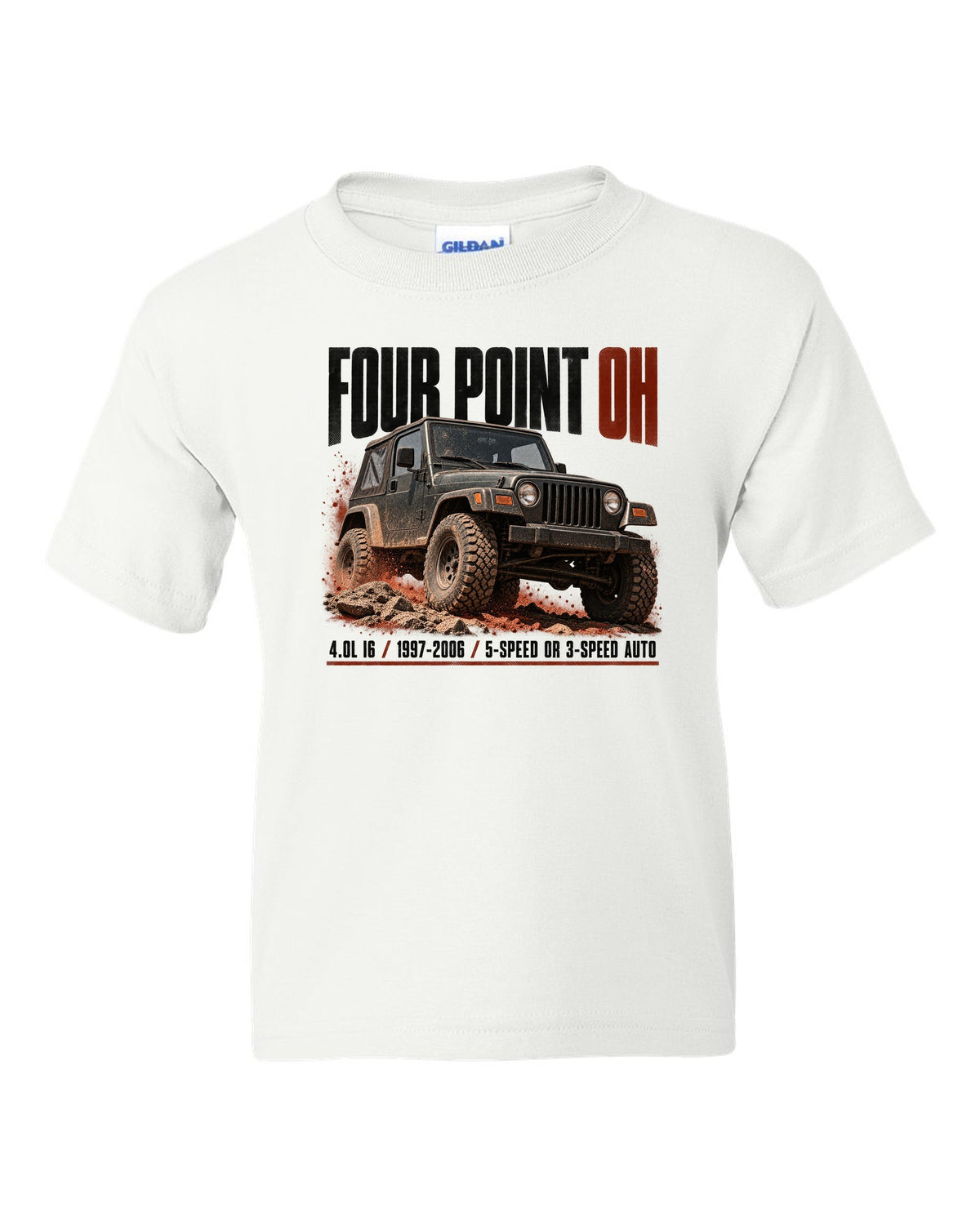 Halftone print for the Jeep Wrangler TJ 4.0L I6, 1997-2006 white kids tee front view with the design