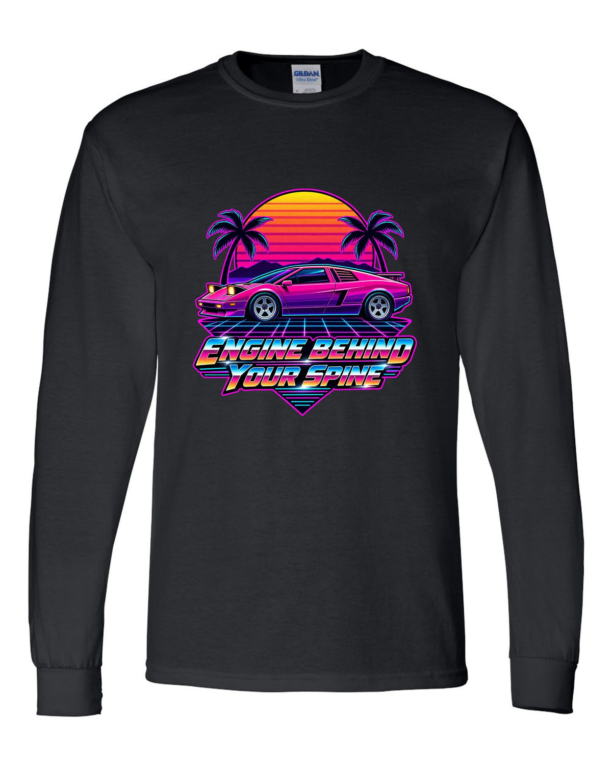 Synthwave sunset grid with a Toyota MR2 AW11 driving toward the horizon black long sleeve front view with the design
