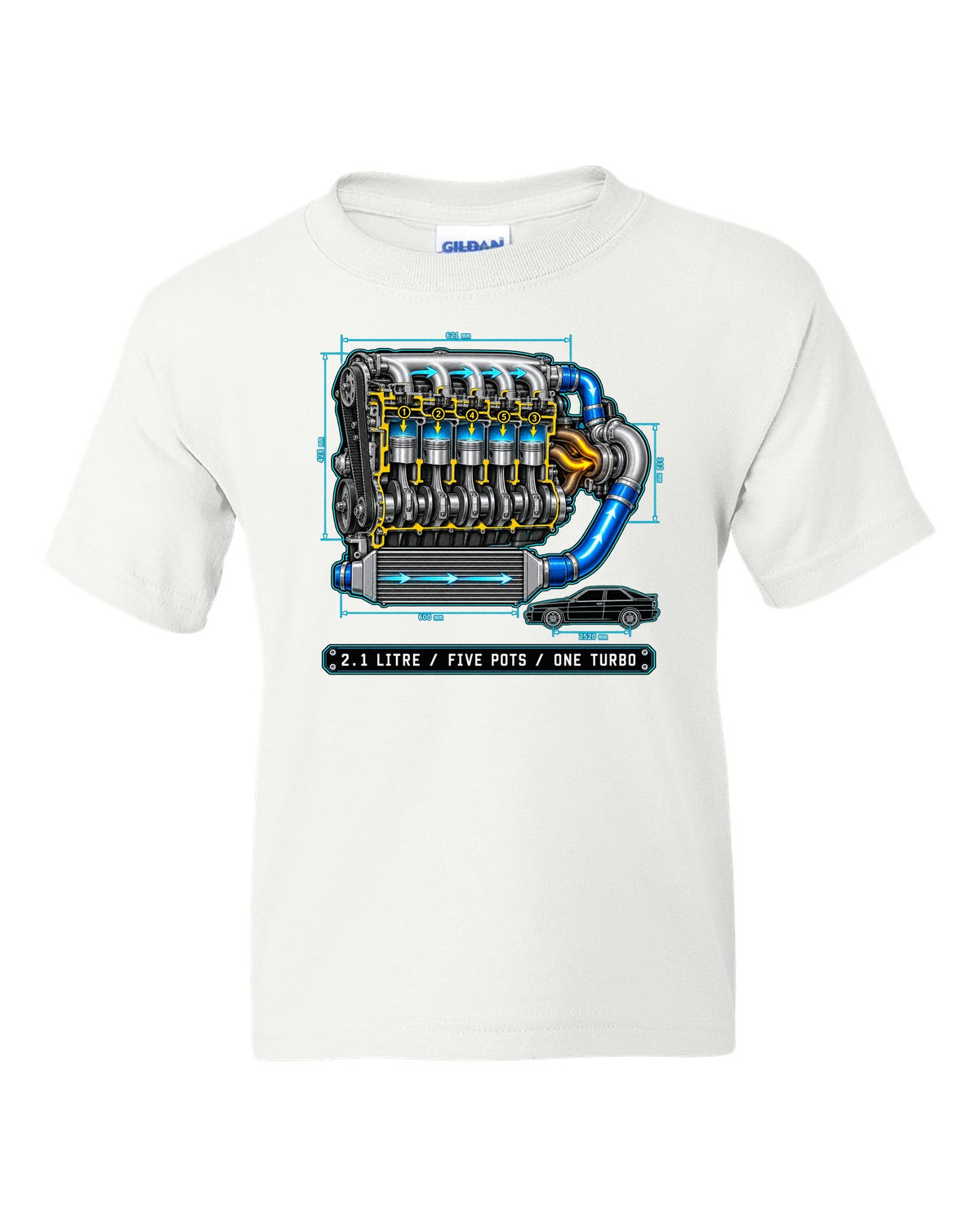 Technical blueprint print of an Audi Ur-Quattro Type 85 with five pots text white kids tee front view with the design