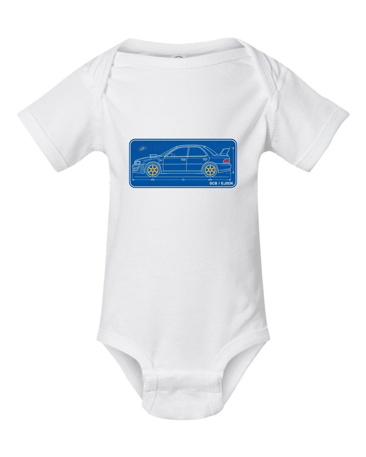 Cyanotype blueprint of a Subaru Impreza WRX GC8 hood scoop with EJ20K text white baby onesie front view with the design
