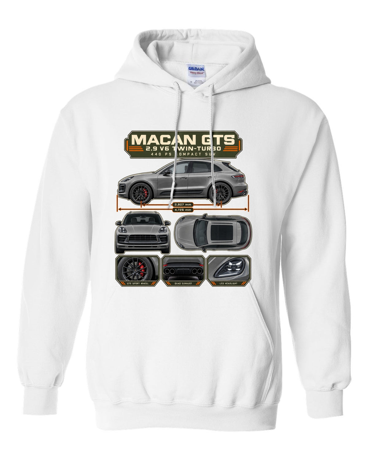 Porsche Macan GTS 95B Dossier Tee, 2.9 V6 Twin-Turbo white pull over hoodie front view with the design