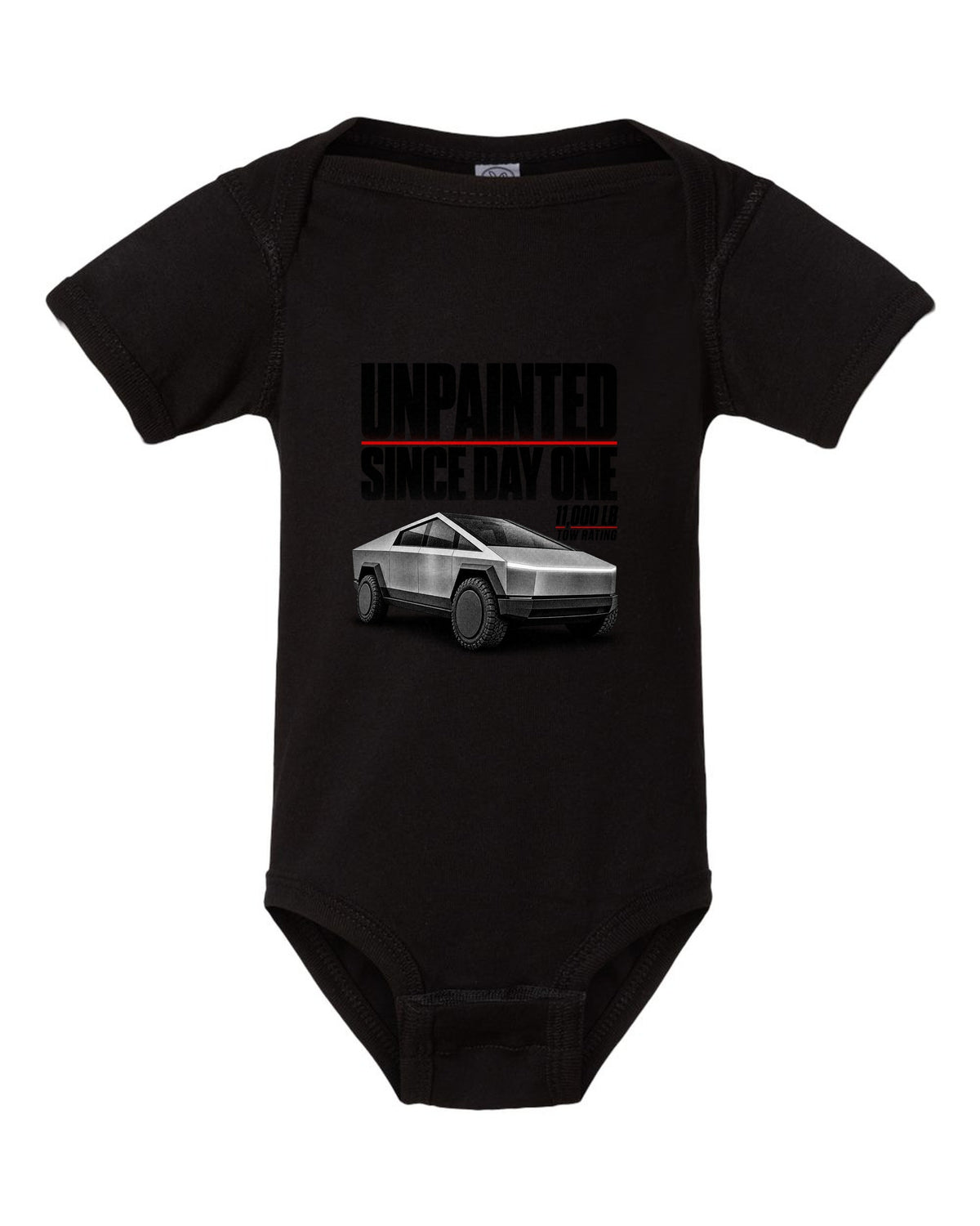 Halftone Tesla Cybertruck 2023 with unpainted since day one and 11,000 lb tow rating text black baby onesie front view with the design