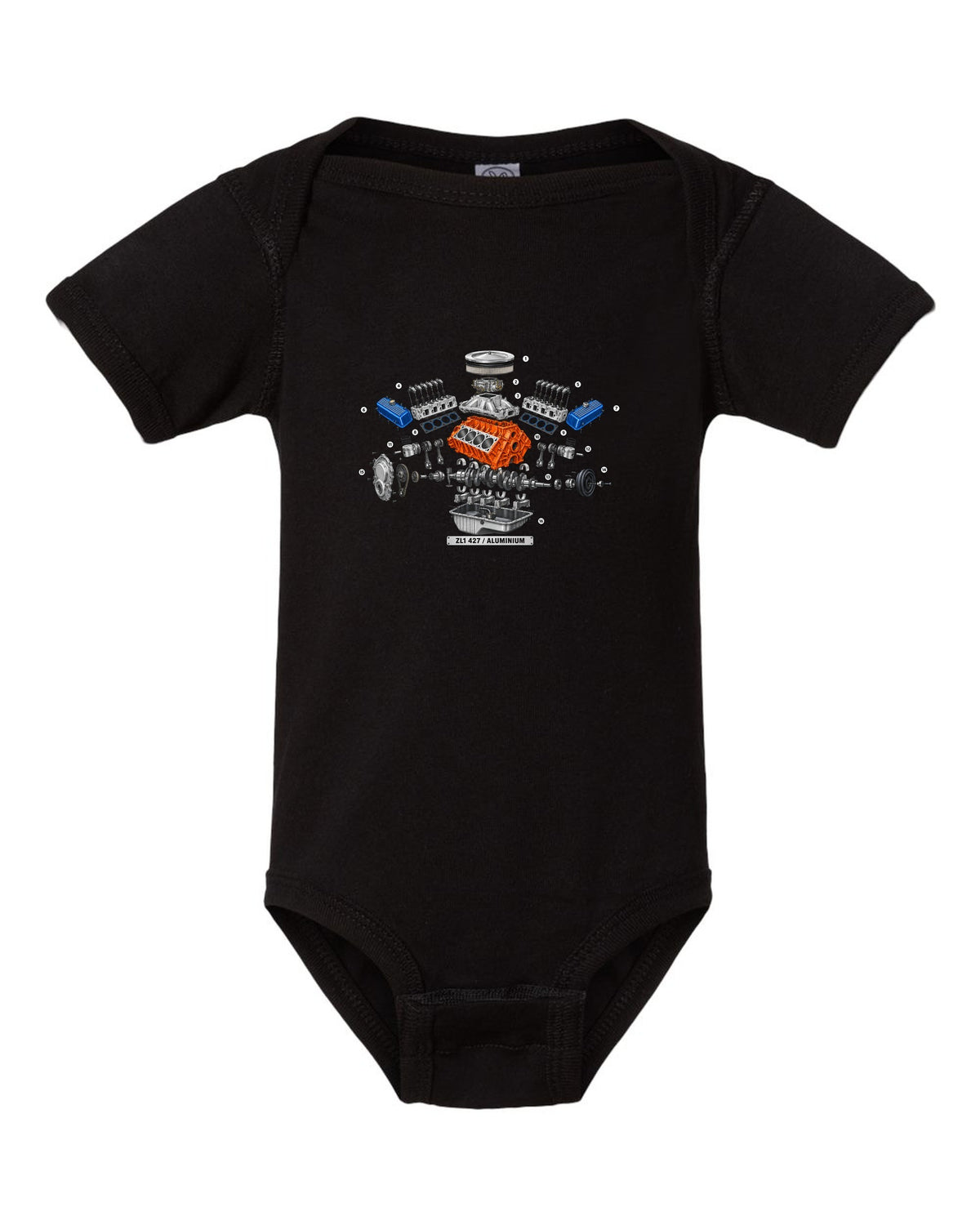 Isometric exploded diagram with numbered callouts of the 1969 Chevrolet Camaro ZL1 427 aluminum engine black baby onesie front view with the design
