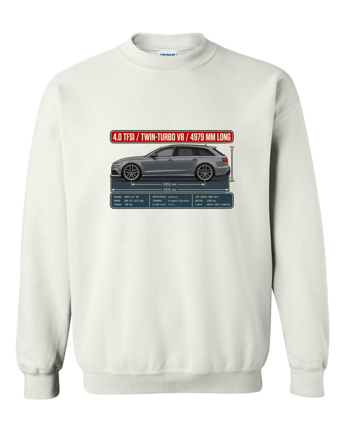 Audi RS6 Avant C7 Daytona grey dimension blueprint print white crewneck front view with the design