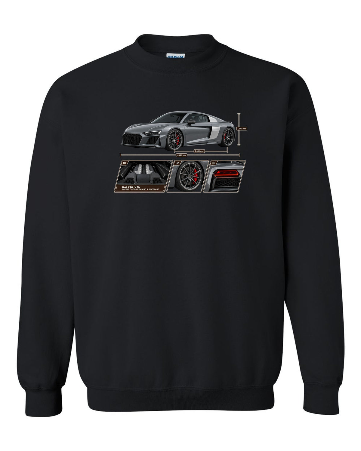 Dossier panel print of a Nardo grey Audi R8 V10 Performance black crewneck front view with the design