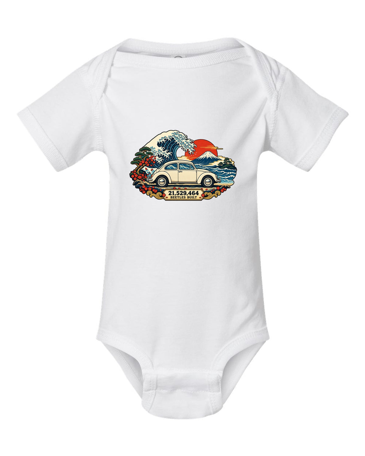 Ukiyo-e woodblock wave print of a VW Beetle Type 1 with 21,529,464 Beetles built text white baby onesie front view with the design