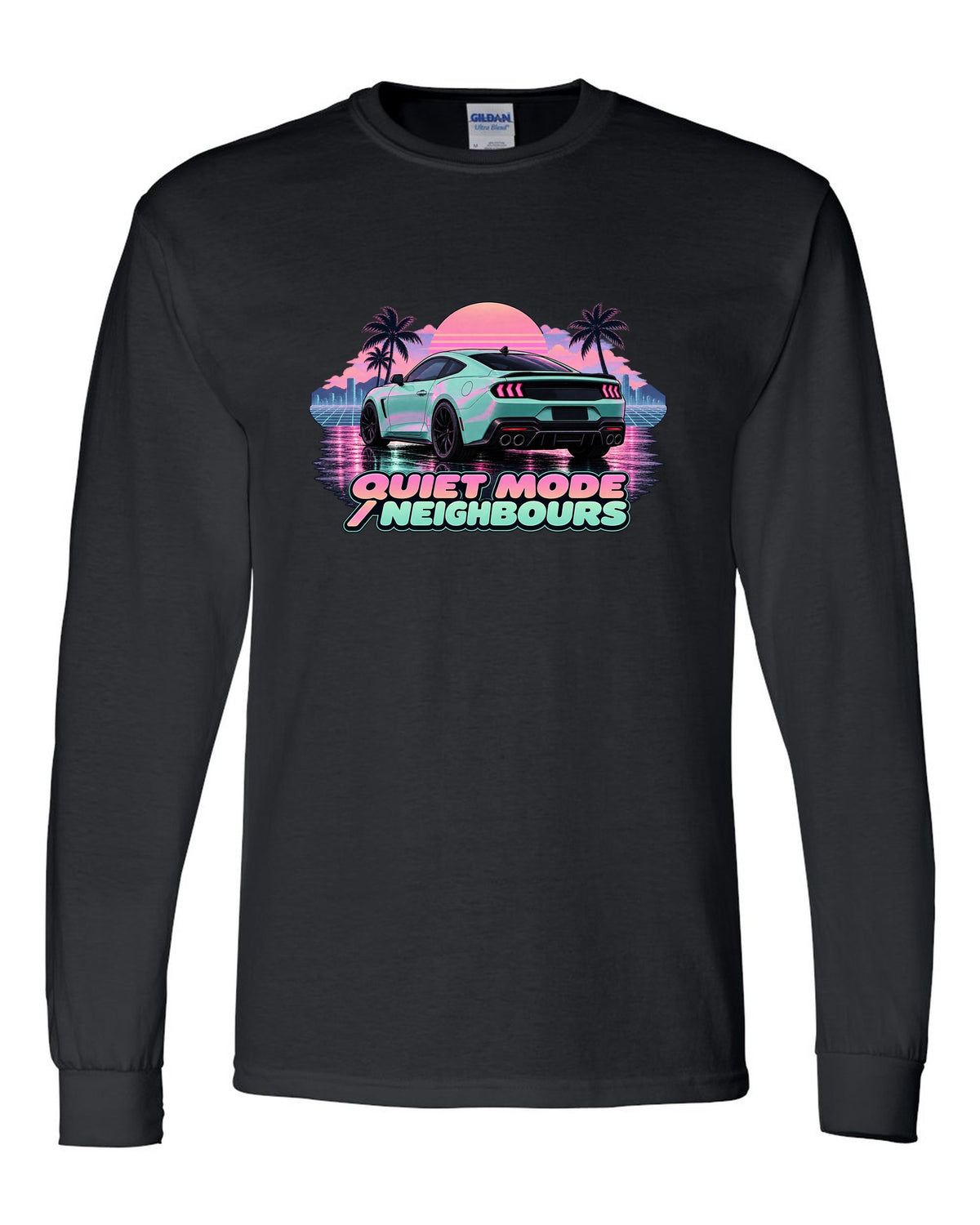 Vaporwave pastel print of a 2024 S650 Mustang coupe on wet asphalt with Quiet Mode text black long sleeve front view with the design