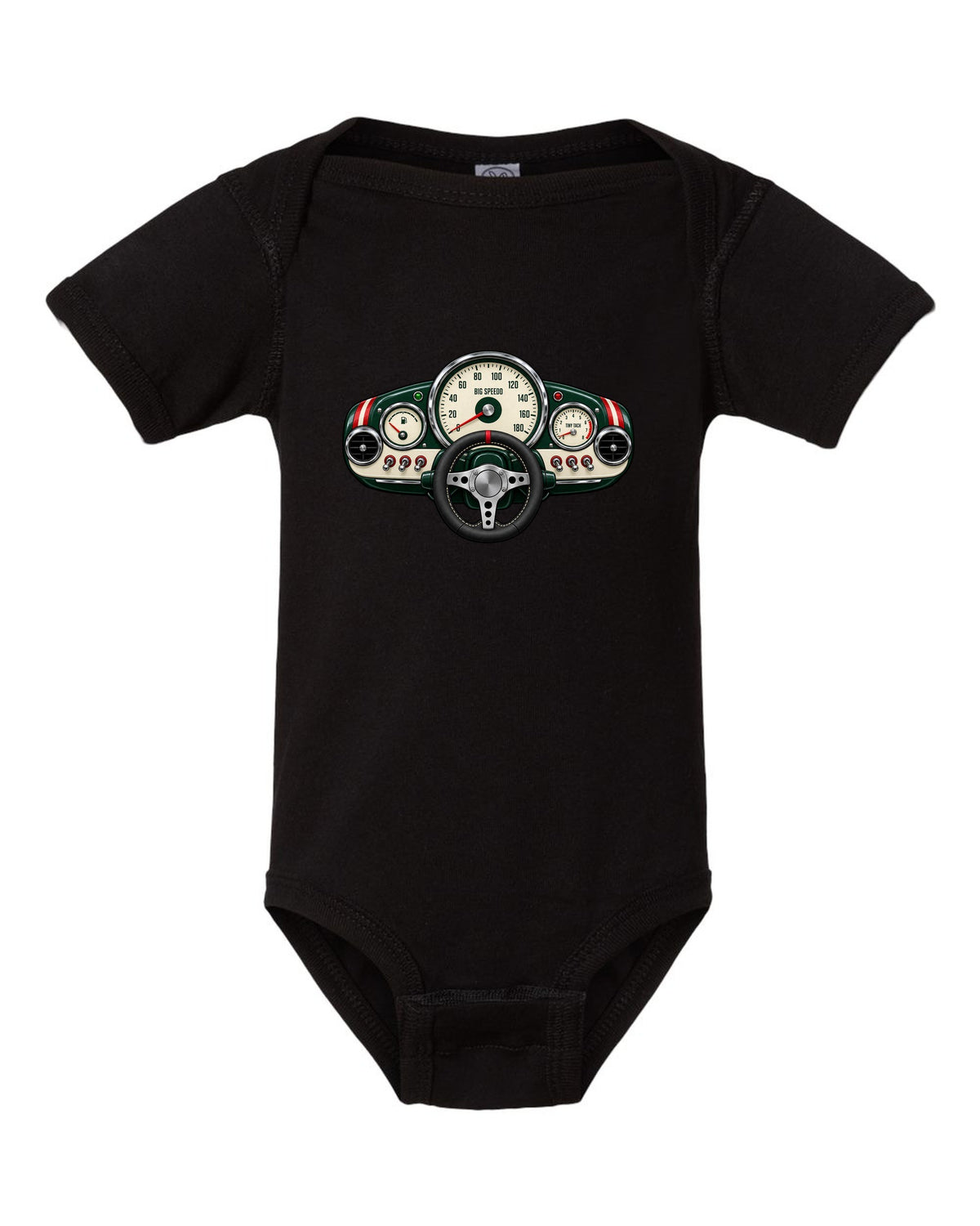 Gauge-cluster print for the Mini Cooper S R53 with big speedo and tiny tach lettering black baby onesie front view with the design