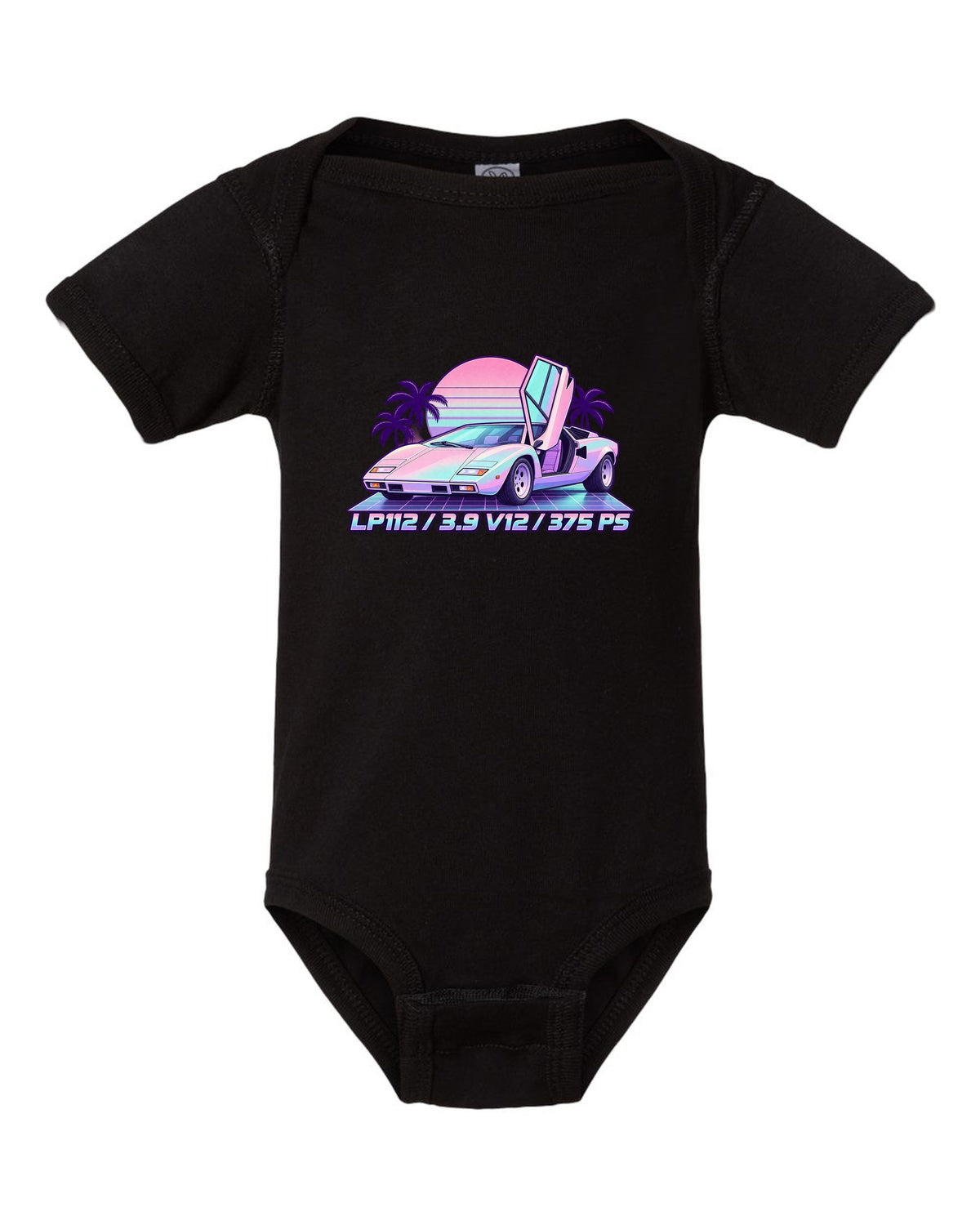 Pastel vaporwave Lamborghini Countach LP400 with LP112, 3.9 V12 and 375 PS lettering black baby onesie front view with the design