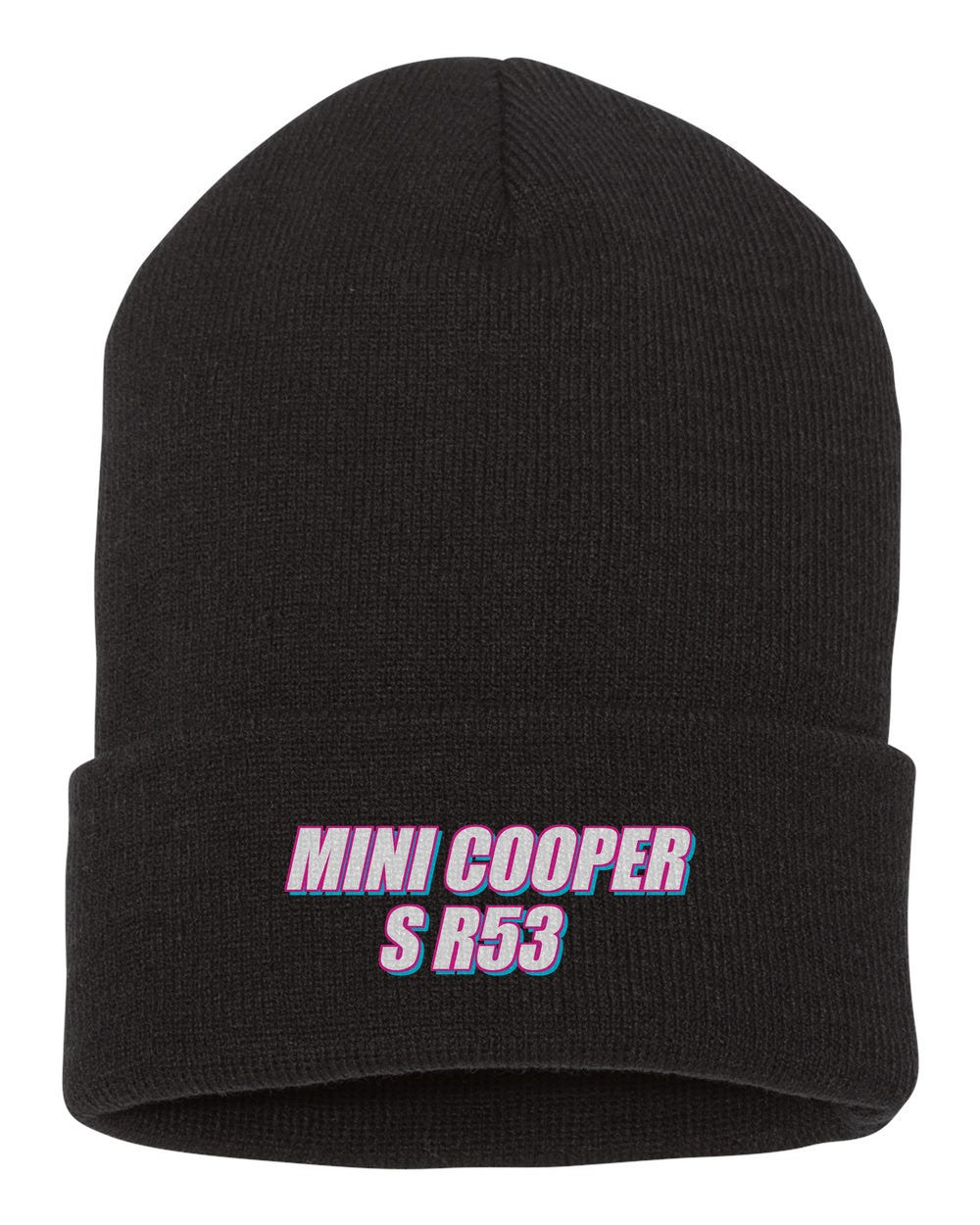 Mini Cooper S R53 black beanie front view with car name
