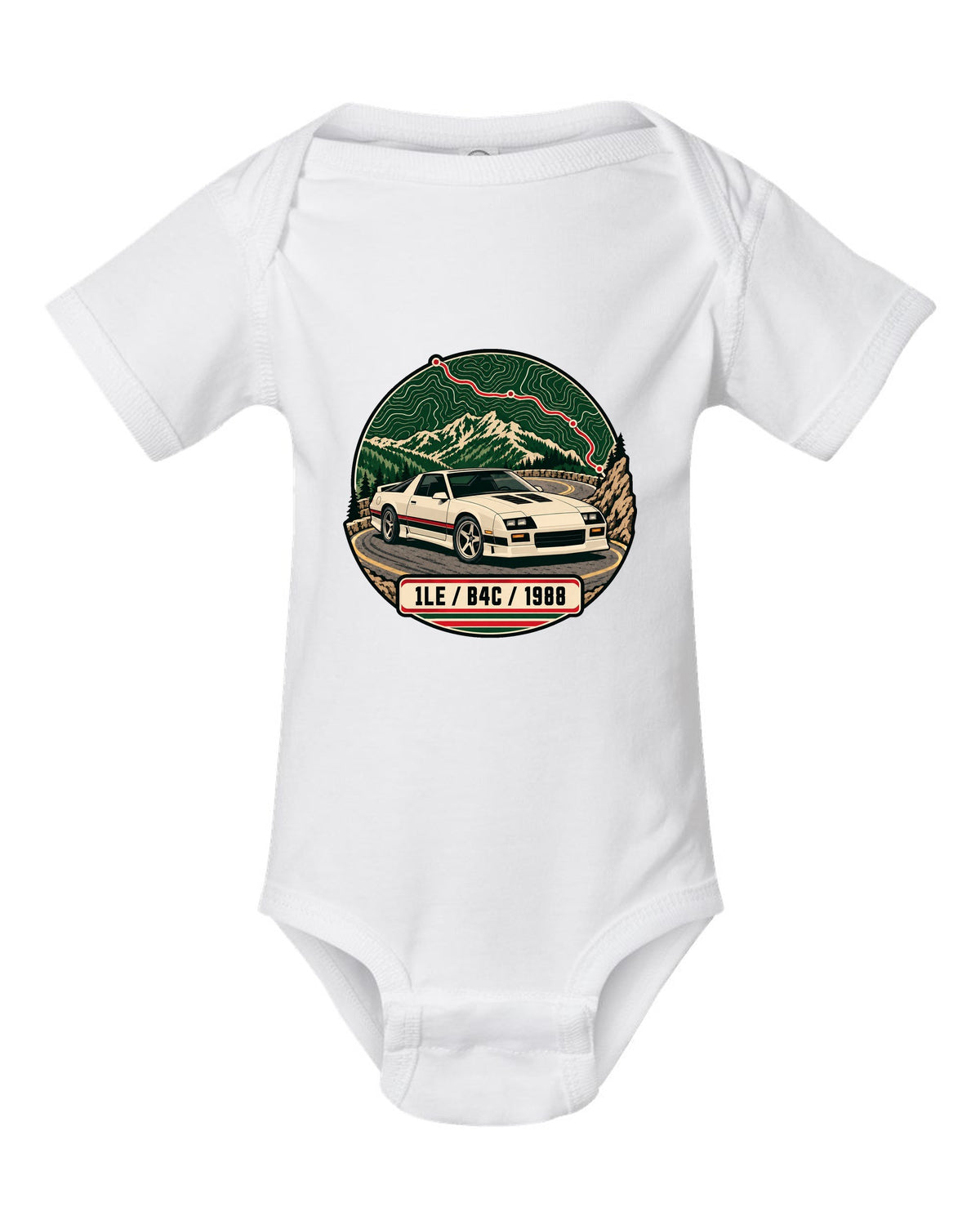 1988 Chevrolet Camaro 1LE topographic route map print with 1LE B4C 1988 text white baby onesie front view with the design