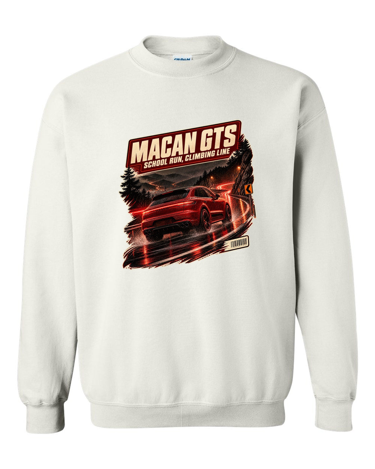 Wet mountain road print of a low front three-quarter Porsche Macan GTS 95B white crewneck front view with the design