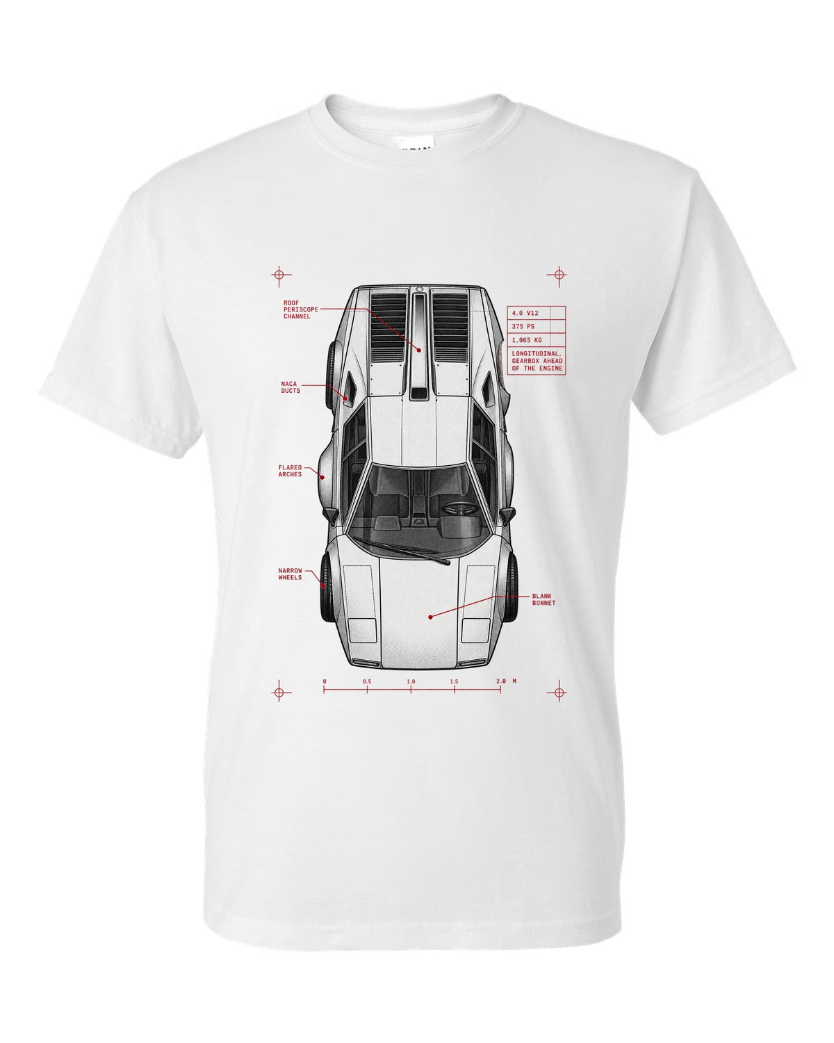 Spec poster print of a Lamborghini Countach LP400 with 4.0 V12 375 PS and 1,065 kg text white t-shirt front view with the design