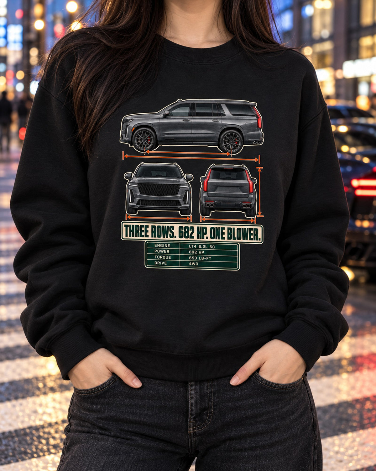 Escalade-V 2023-25 Three-View Spec Table Shirt, Car Guy Gift Crewneck Black worn hero