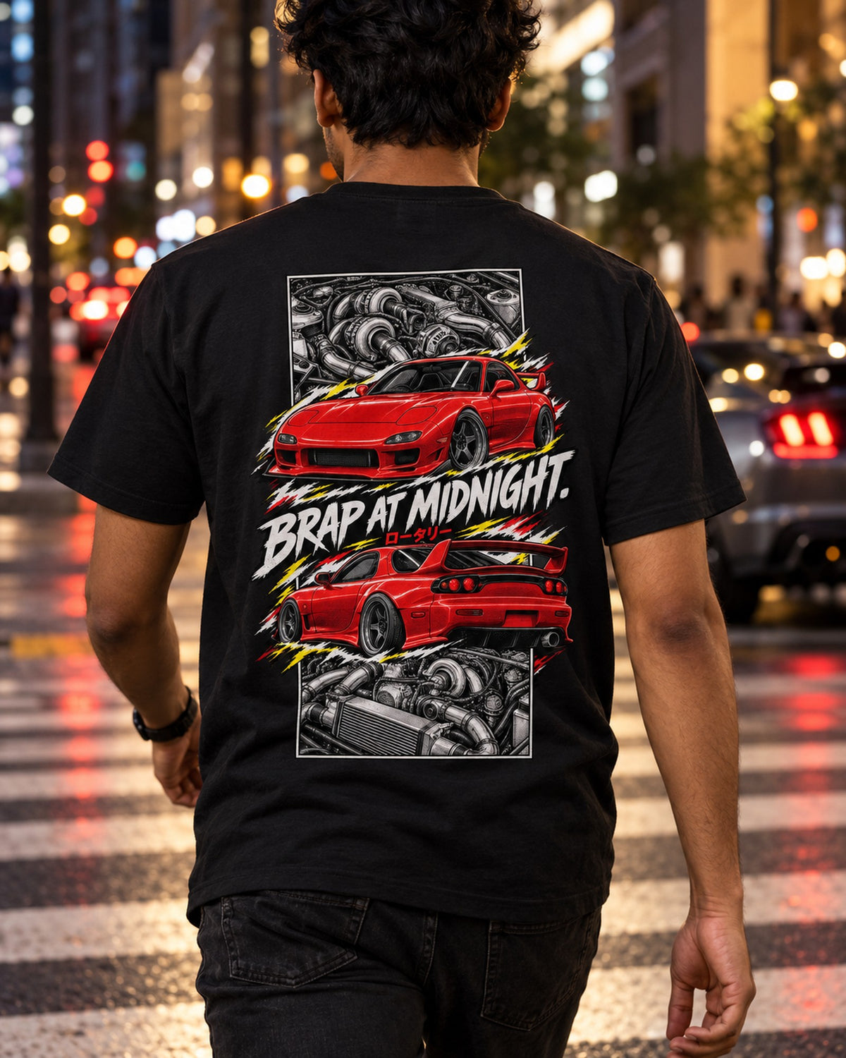 Mazda RX-7 Fd3S Torn Poster Full-Back Graphic Tee T-Shirt Black worn hero