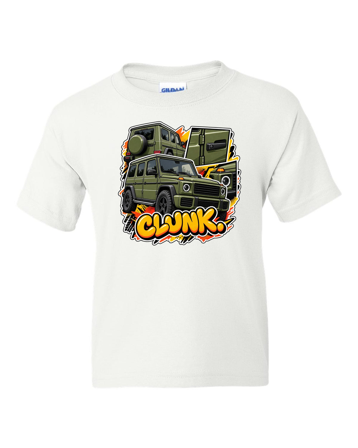 Stencil spray street art graphic of a Mercedes G63 W464 with round headlights, print white kids tee front view with the design