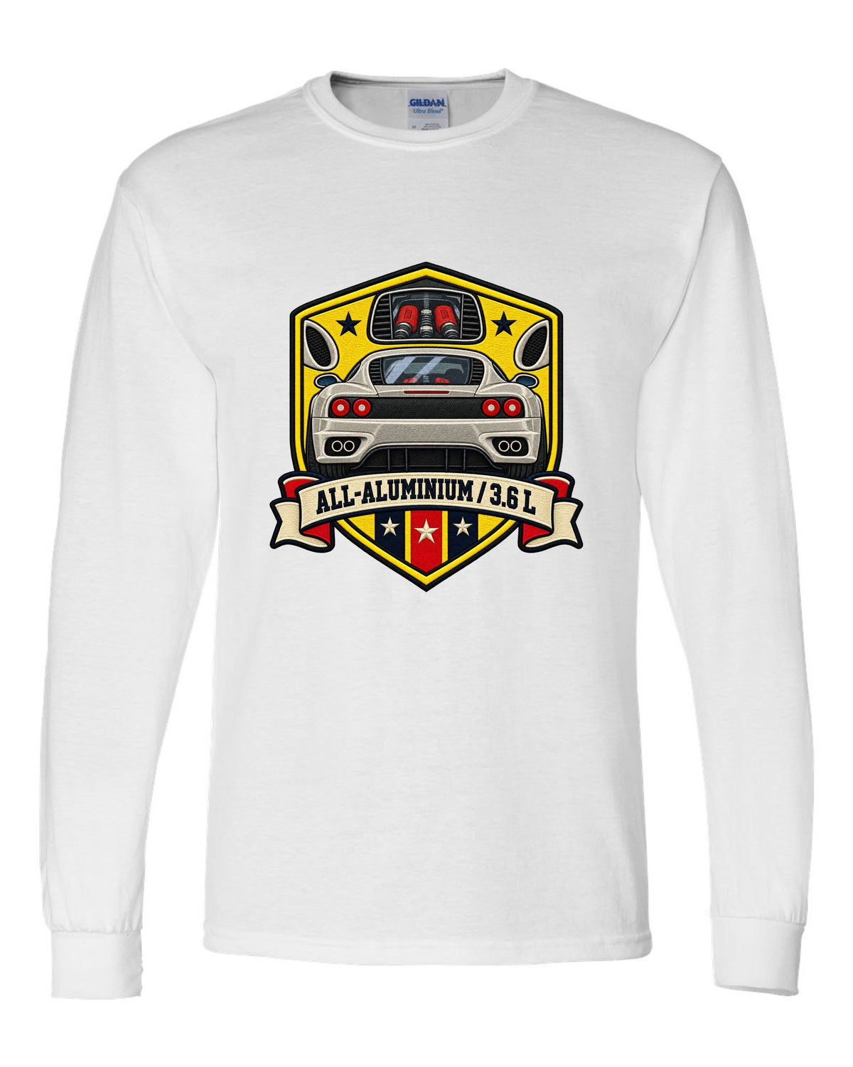 Shield crest print for the Ferrari 360 Modena with All-Aluminium and 3.6 L lettering white long sleeve front view with the design