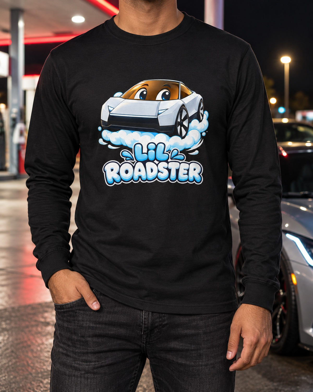 Lil Roadster Kids Shirt, Onesie & More Long Sleeve Black worn hero