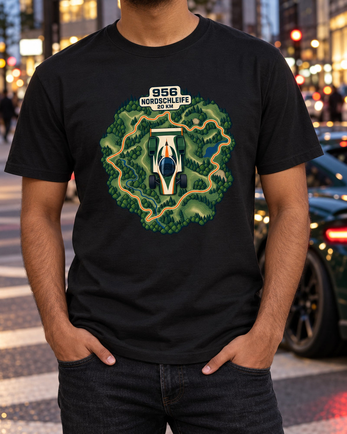Porsche 956 Nordschleife Topographic Route Map Shirt T-Shirt Black worn hero