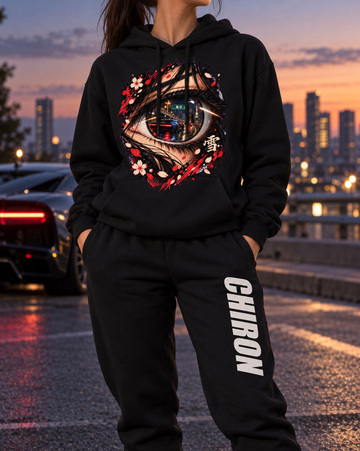 Bugatti Chiron Anime Girl Hoodie + Jogger Set Black worn hero