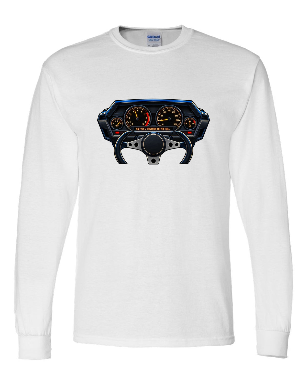 Gauge cluster graphic for a Lamborghini Countach LP5000 QV with 5.2 V12 lettering white long sleeve front view with the design