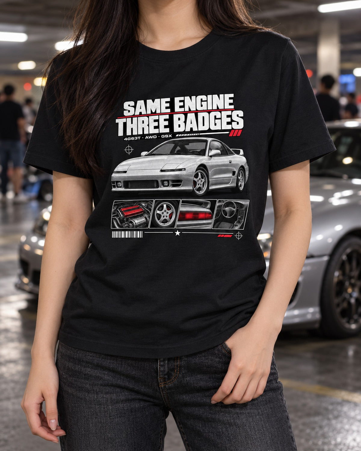Mitsubishi Eclipse GSX 2G Dossier Shirt, Same Engine Three Badges T-Shirt Black worn hero