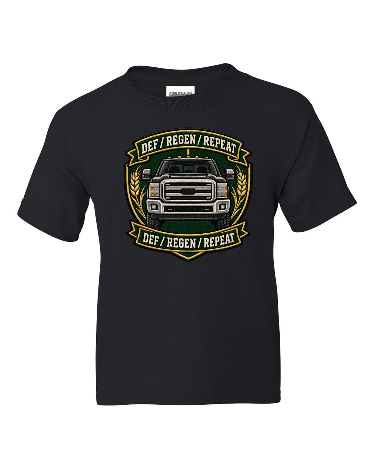 Shield crest print for the 2010-2018 Ram 2500 6.7 Cummins reading DEF regen repeat black kids tee front view with the design