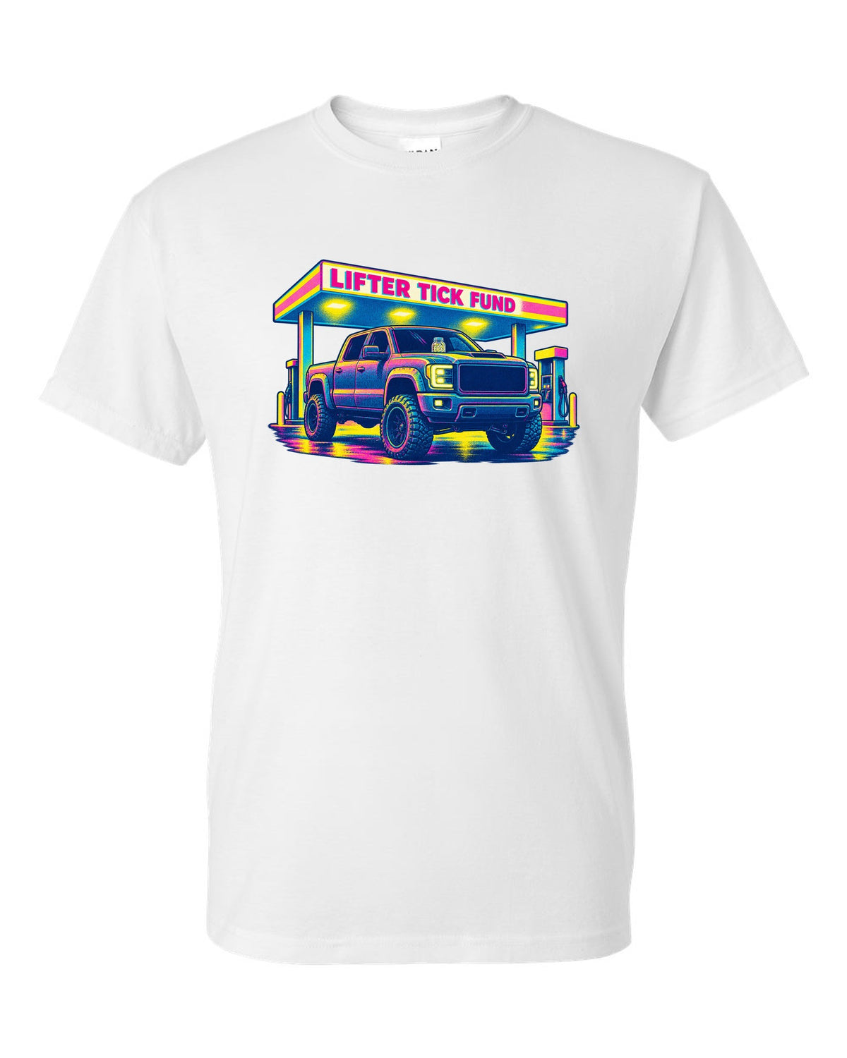 Risograph print of a 2007-2013 Chevrolet Silverado GMT900 with Lifter Tick Fund text white t-shirt front view with the design