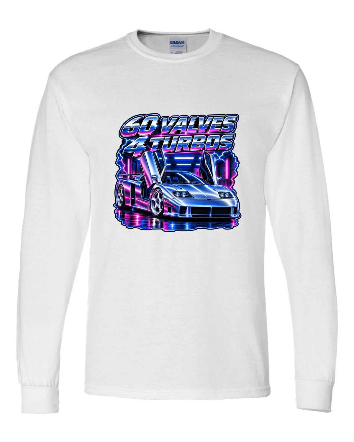 90s airbrush chrome print of a Bugatti EB110 SS with 60 valves and 4 turbos lettering white long sleeve front view with the design