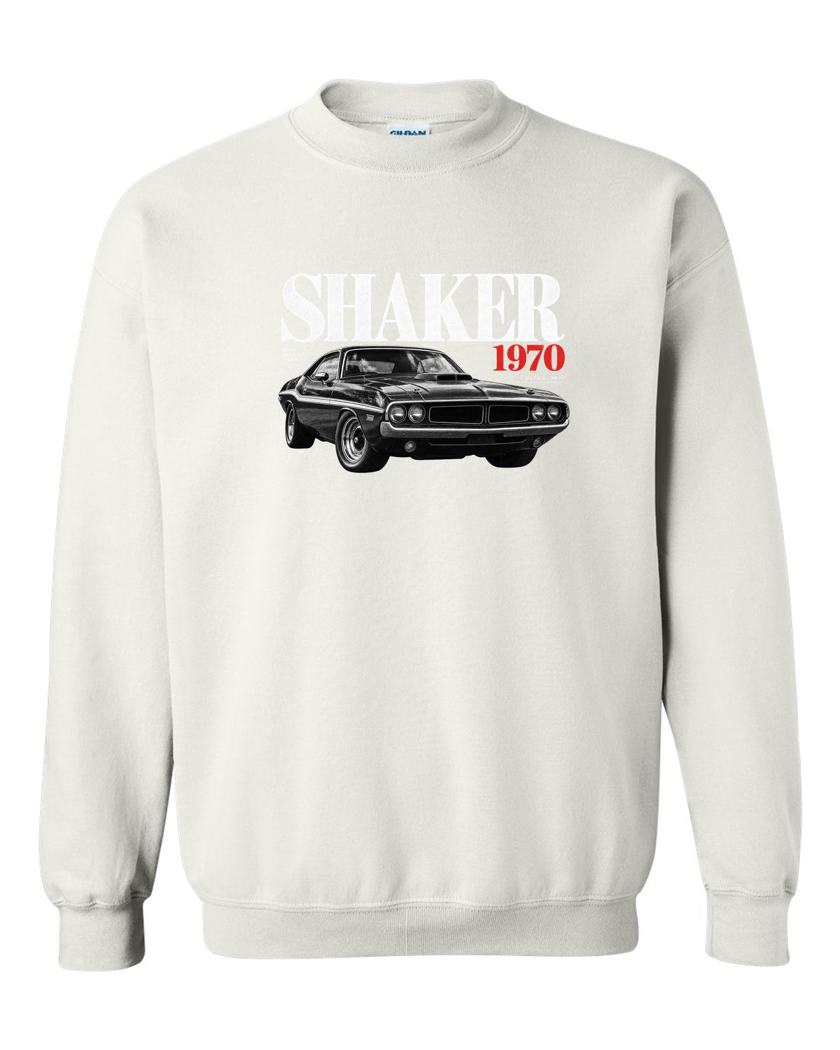 Editorial headline print of a 1970 Dodge Challenger R/T Shaker with 440 Six Pack text white crewneck front view with the design