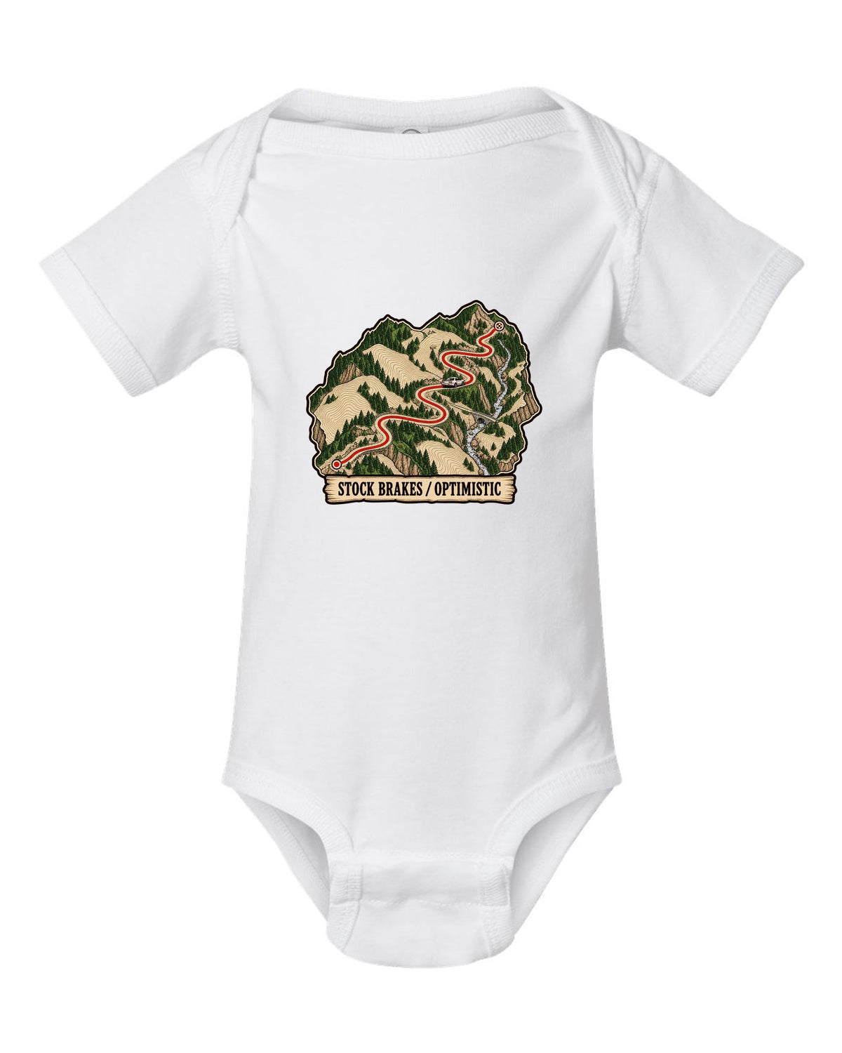 Topographic route map print of a mountain pass for the Nissan Skyline GT-R R32 BNR32 white baby onesie front view with the design