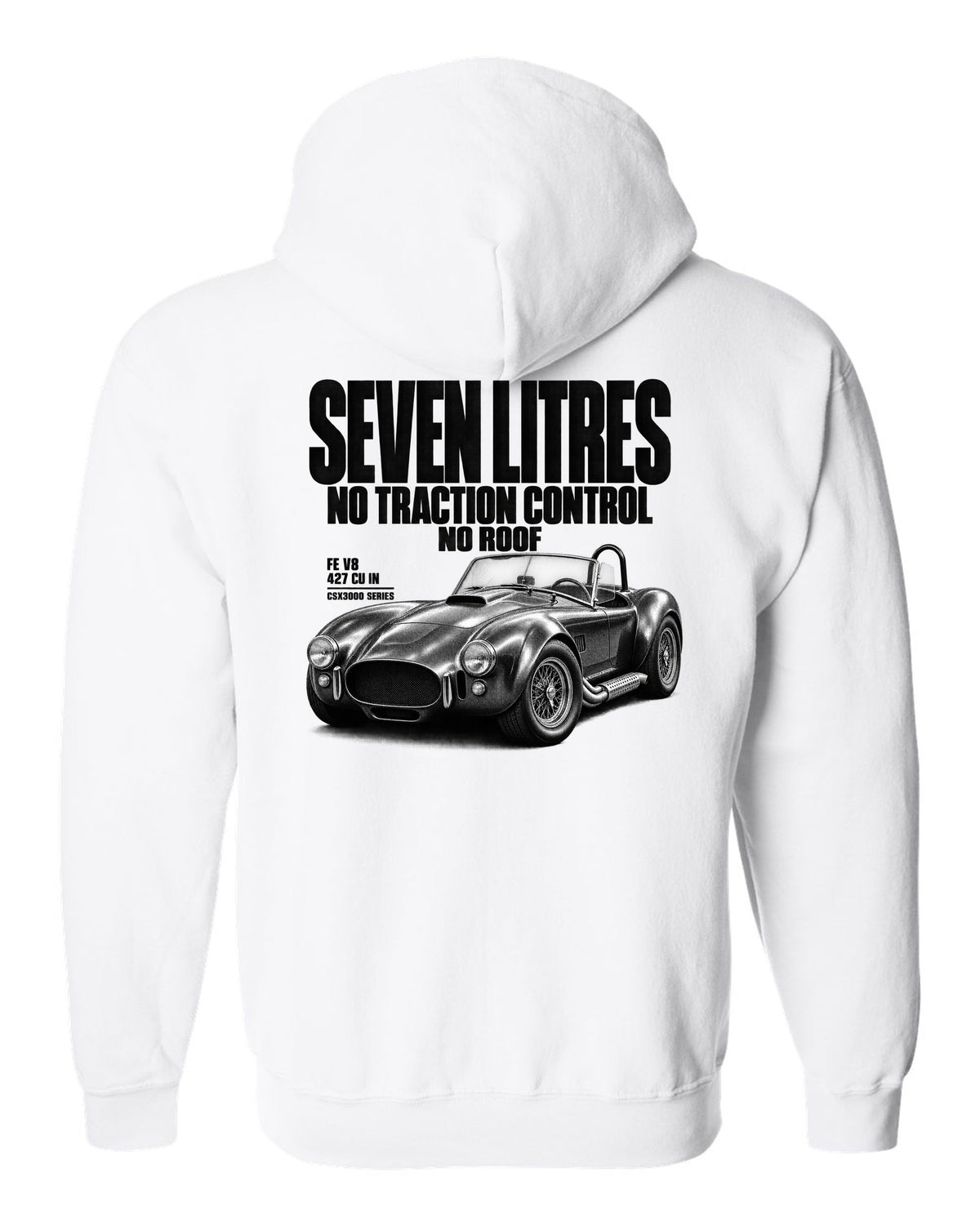Shelby Cobra 427 Side-Oiler Halftone white zip hoodie back view with the design