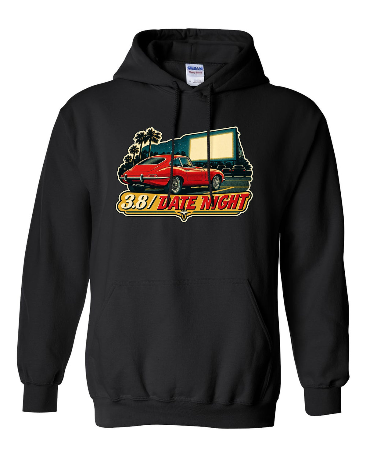 Jaguar E-Type Series 1 vintage race poster with 3.8 DATE NIGHT lettering black pull over hoodie front view with the design