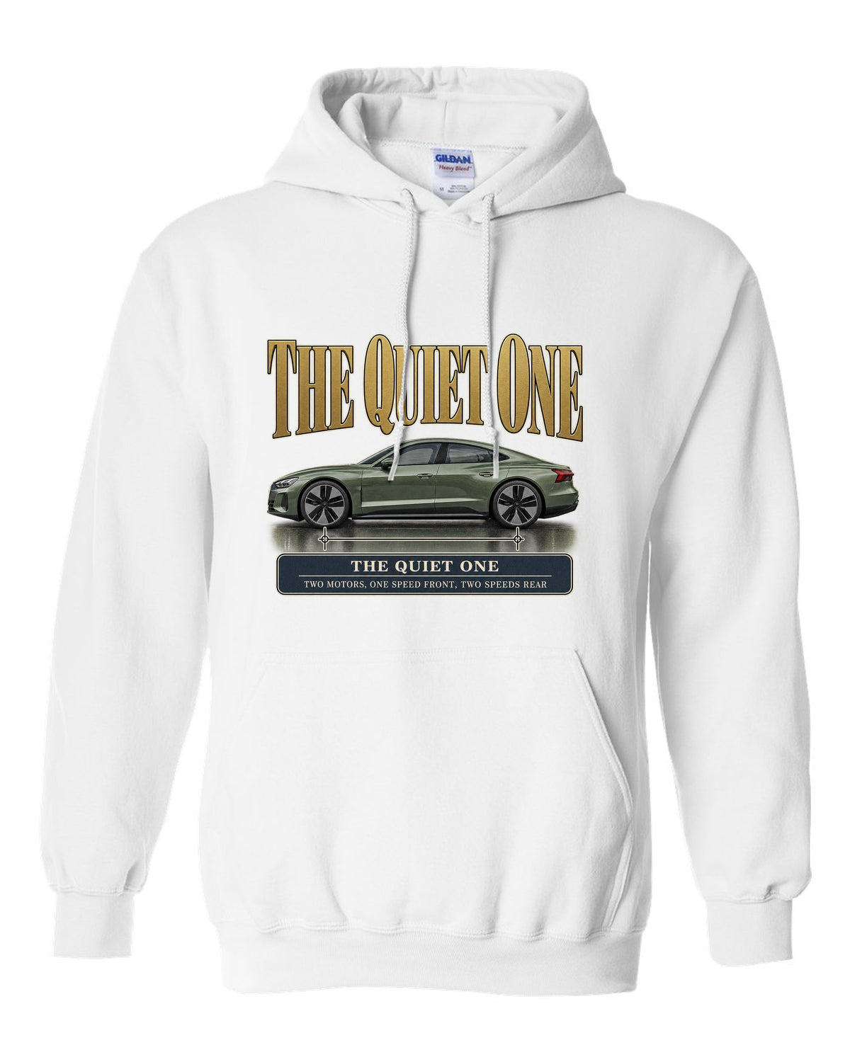 Audi e-tron GT quattro profile editorial headline print design white pull over hoodie front view with the design