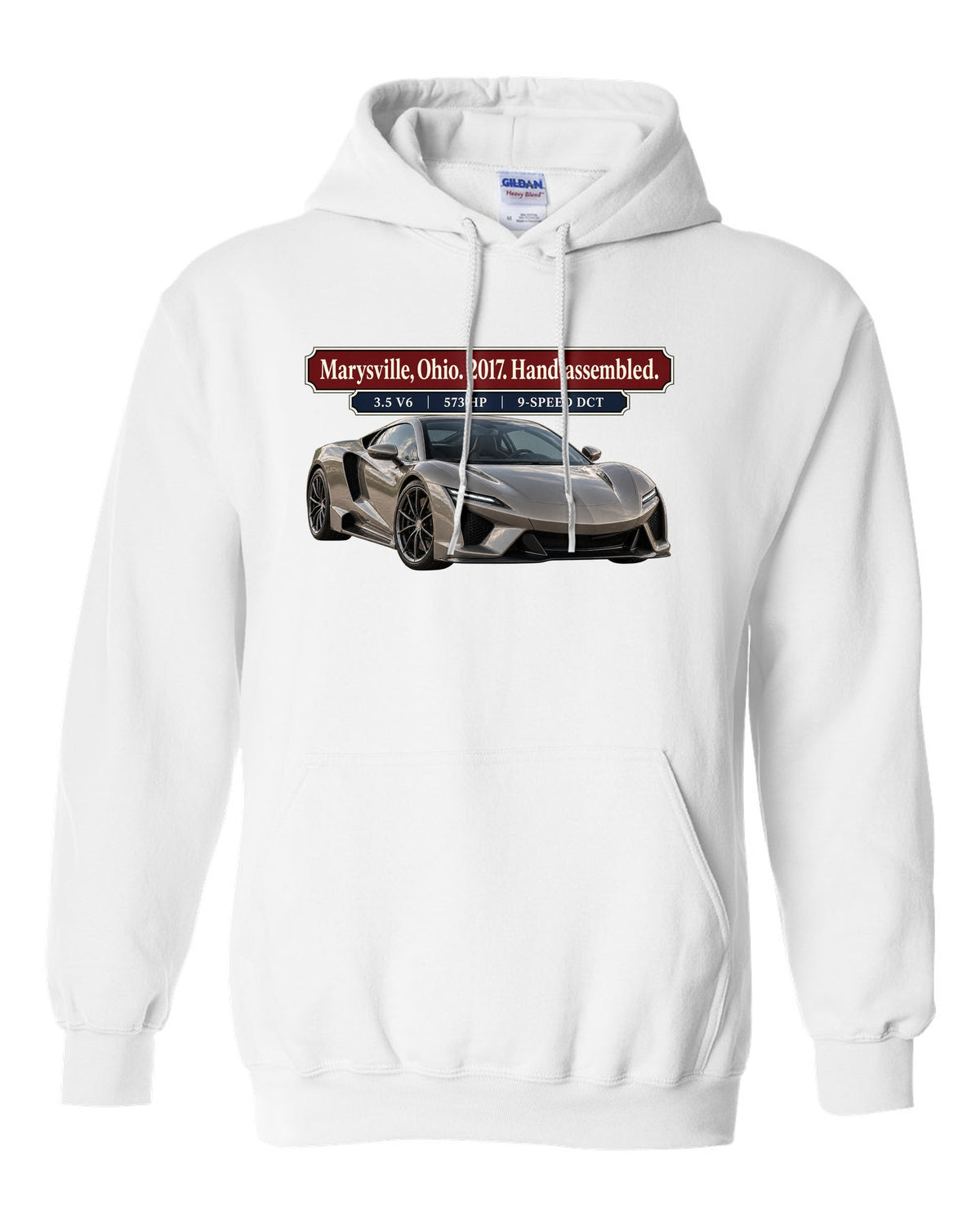 Archive panel print of a 2017 Acura NSX NC1 launch car in warm grey white pull over hoodie front view with the design
