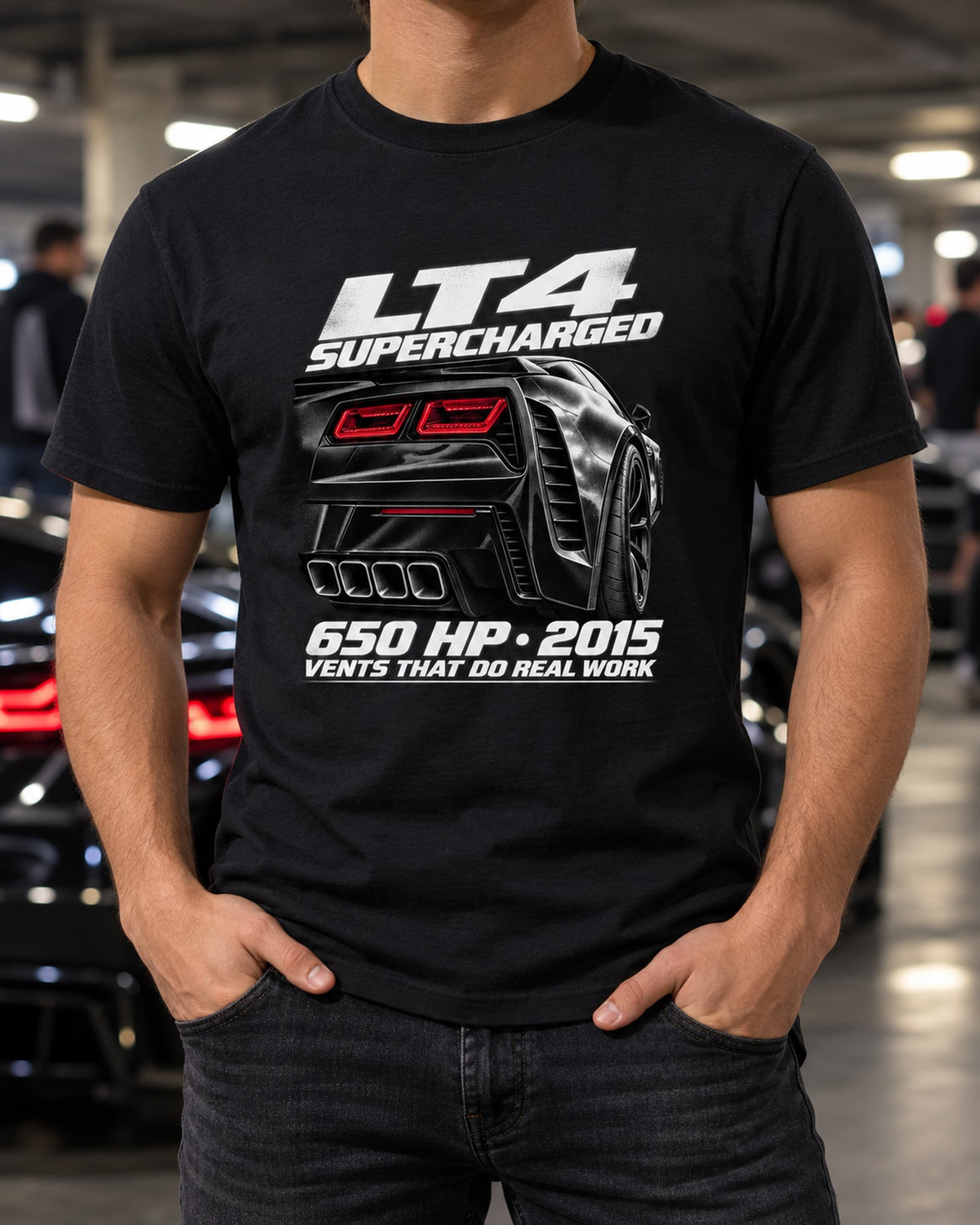 Corvette C7 Z06 LT4 650 HP Rear Vent Macro Print Tee T-Shirt Black worn hero