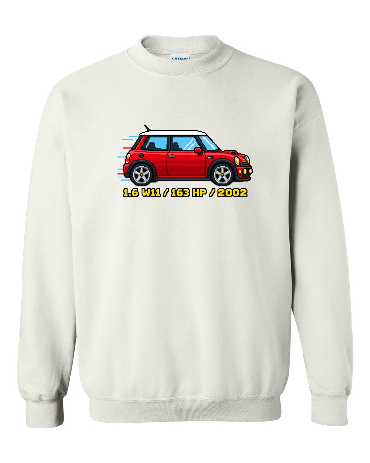 Sixteen-bit pixel art Mini Cooper S R53 with 1.6 W11, 163 HP, 2002 stats white crewneck front view with the design