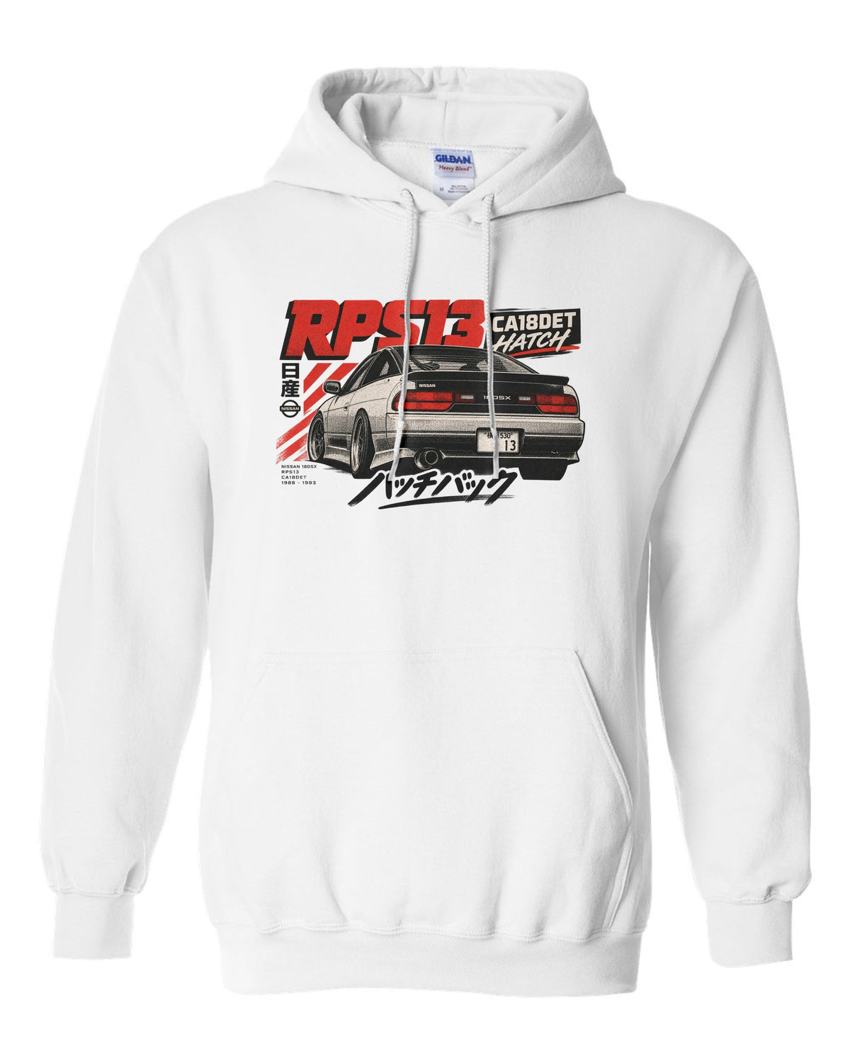 Risograph three-colour rear view print of a Nissan 180SX RPS13 ch with CA18DET text white pull over hoodie front view with the design
