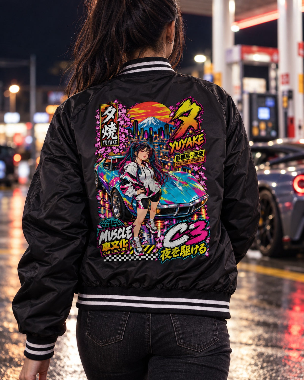 YUYAKE C3 Anime Girl Full-Back Graphic Tee Bomber Jacket Black worn hero