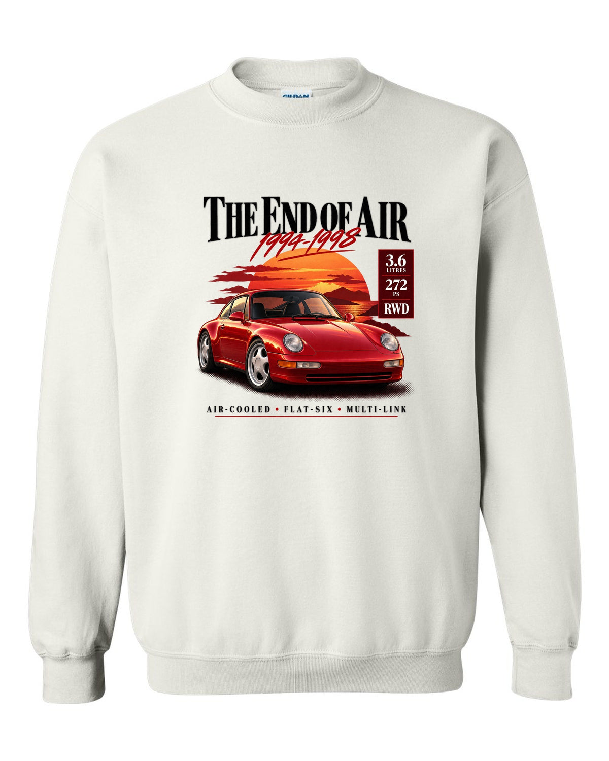 Archive panel print of a Porsche 911 Carrera (993) coupe with the heading The End Of Air and spec list white crewneck front view with the design