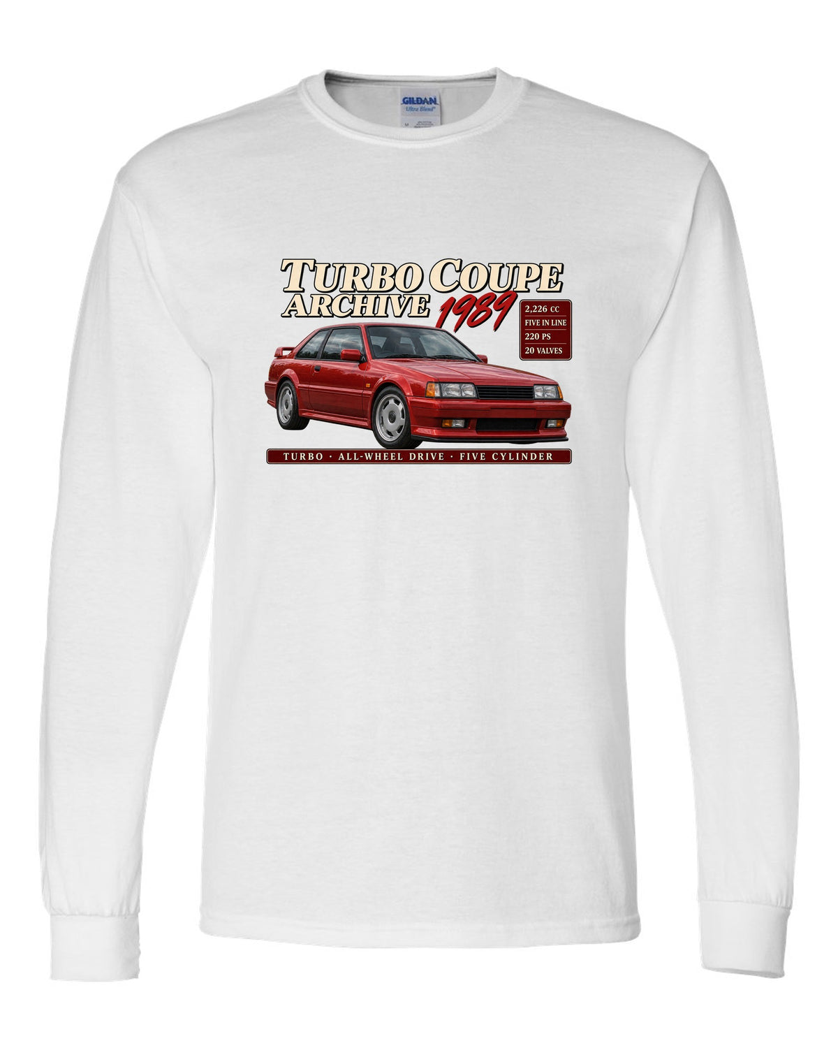 Audi Ur-Quattro 20V 1989 front three-quarter in archive panel with 2,226 cc text white long sleeve front view with the design