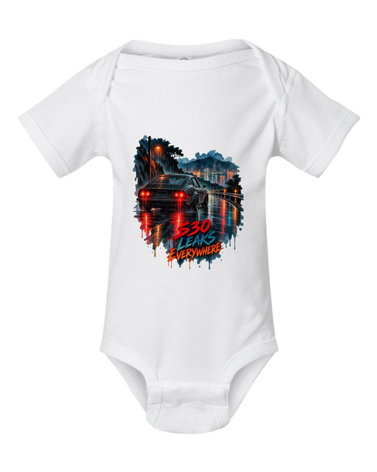 Watercolour wet-road night print of a Nissan Fairlady Z S30 with leaks everywhere lettering white baby onesie front view with the design