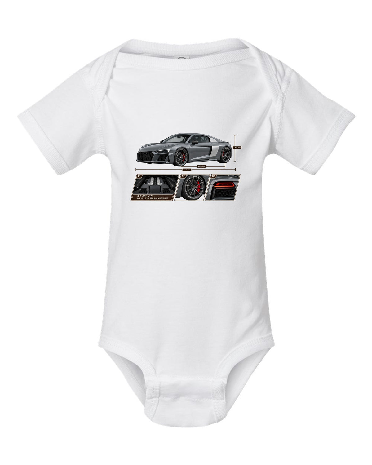 Dossier panel print of a Nardo grey Audi R8 V10 Performance white baby onesie front view with the design