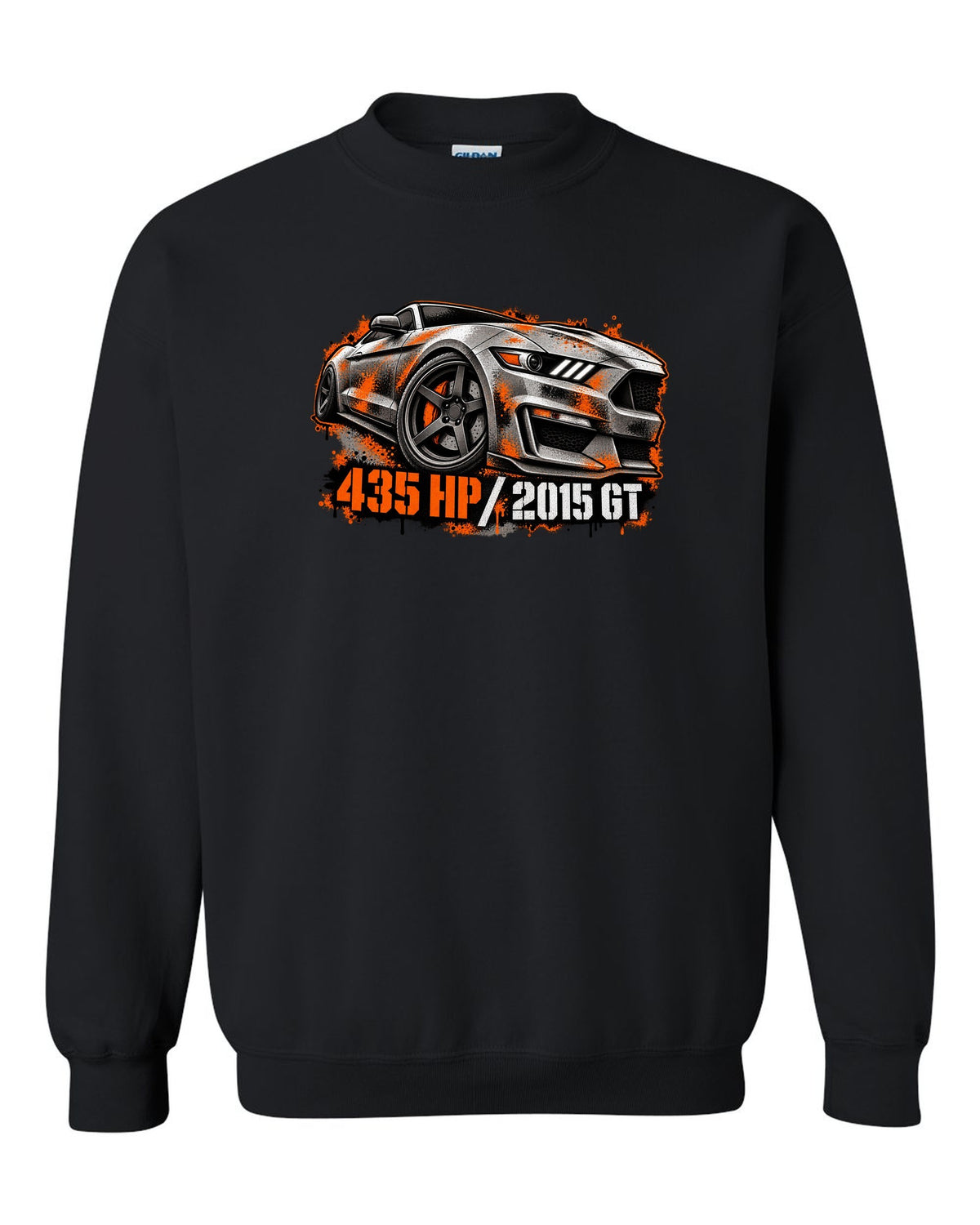Stencil spray street art 2015 S550 Ford Mustang GT fastback with 435 HP text black crewneck front view with the design