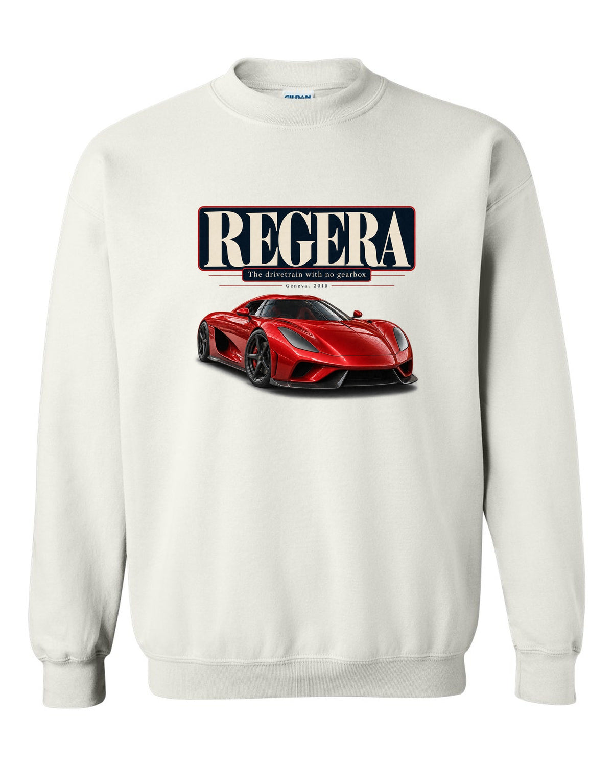 Editorial headline poster of the Koenigsegg Regera about its drivetrain, print white crewneck front view with the design