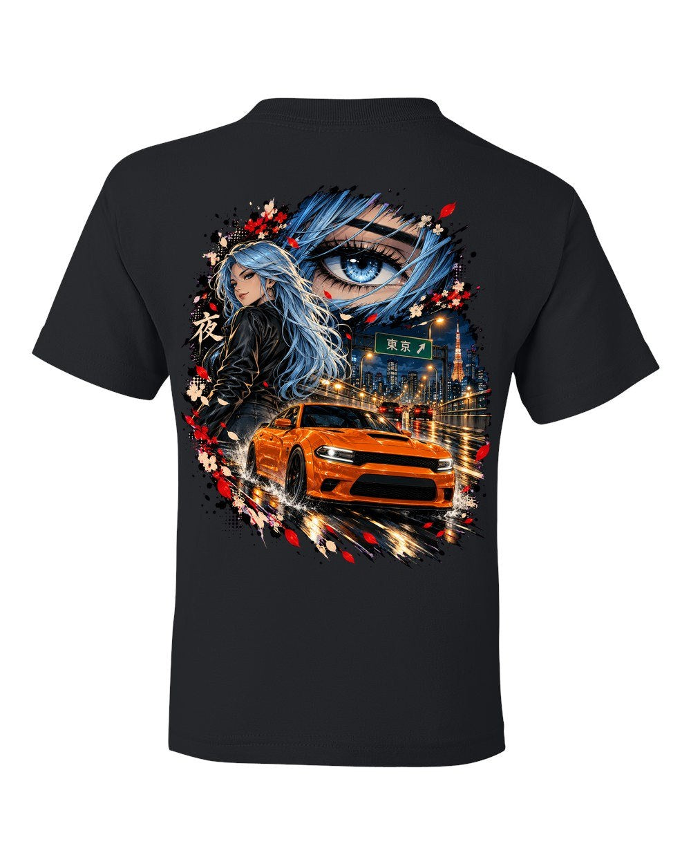 Dodge Charger Hellcat Anime Girl Kids Tee Black back