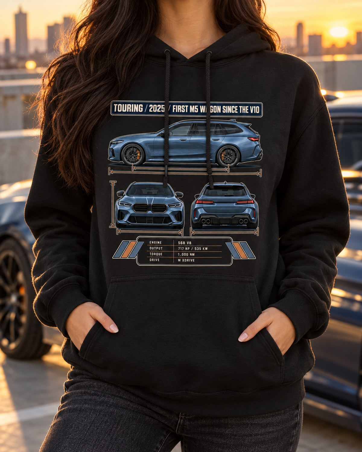 BMW M5 G90 Touring Three-View Tee, First M5 Wagon Since V10 Pull Over Hoodie Black worn hero