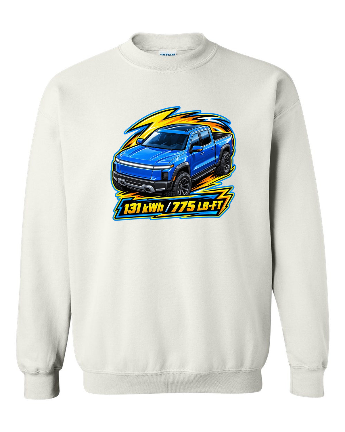 Ford F-150 Lightning EV on a die-cast toy card style print white crewneck front view with the design
