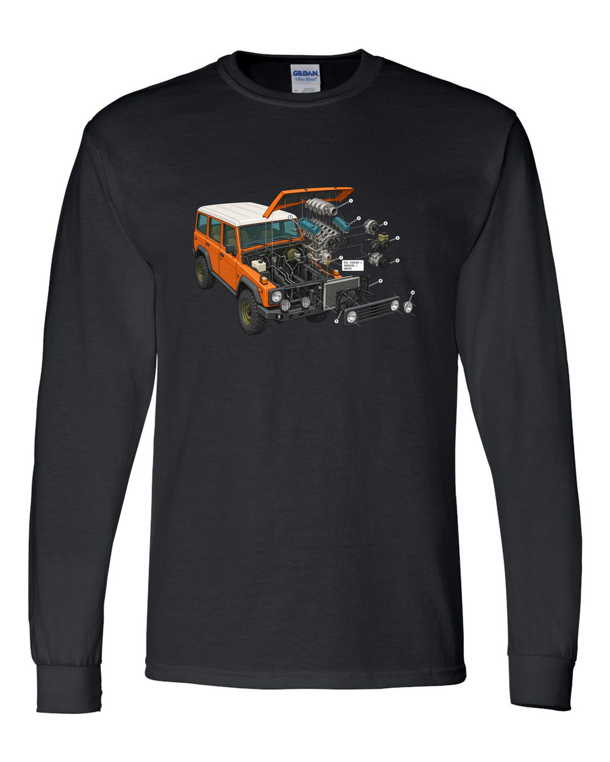 Jeep Wrangler JK V6 exploded engine bay diagram with oil cooler housing drips labels black long sleeve front view with the design